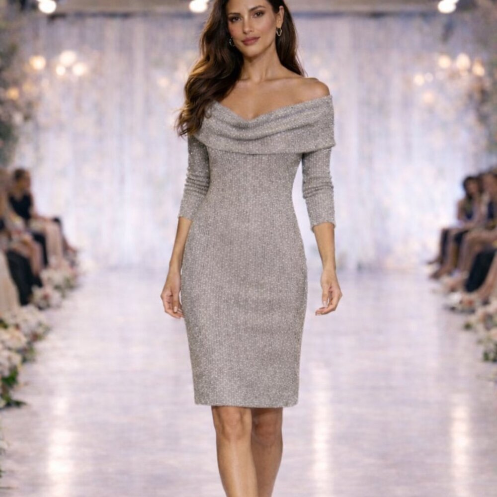 Nina Leonard Silver Metallic Off Shoulder Cocktail Party Dress M NEW - Picture 4 of 13